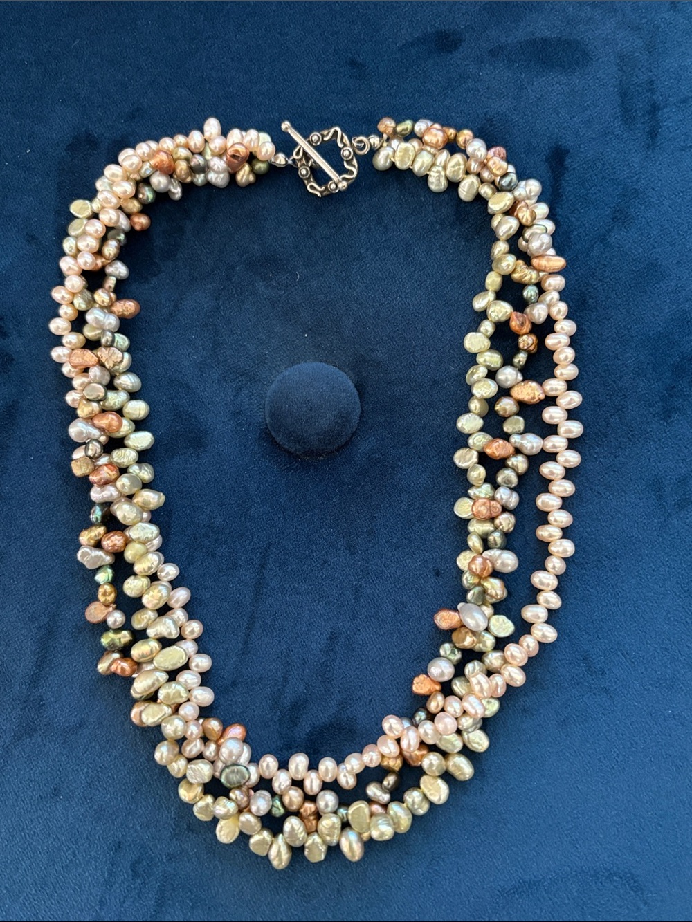 Multi-Strand Freshwater Pearl Necklace in Champagne, Rose, and Olive 17.5”